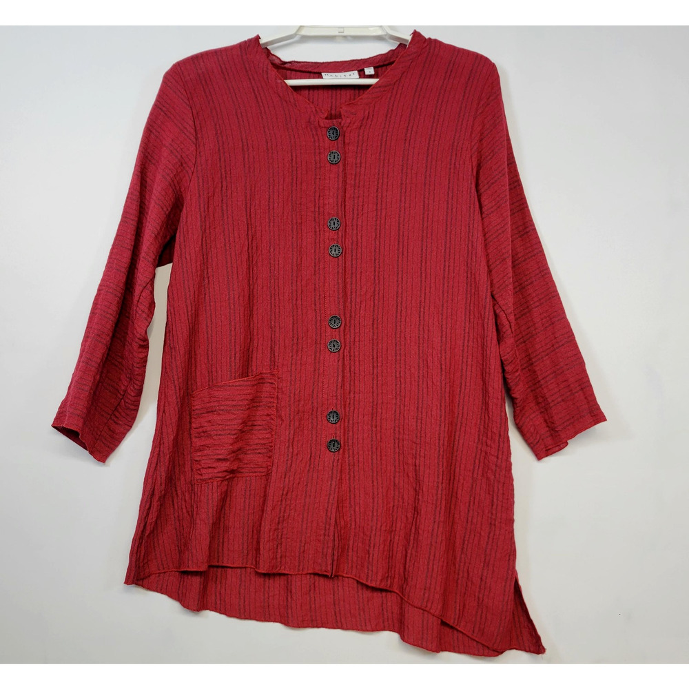 Habitat Tunic Boho Artisan Style Shirt Womens Small Red Striped Button Lagenlook